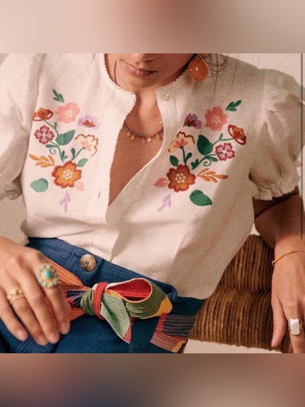 Sezane Linen Embroidered White Top, Size M